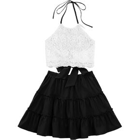 LYANER Women's 2 Piece Outfits Summer Lace Halter Cami Crop Top with Floral Mini Skirt Set
