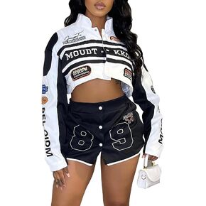 Women's 2 Piece Outfits Long Sleeve Crop Jacket Top Bodycon Mini Skirt Set Lightweight Baseball Jacket Streetwear