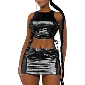 Eilova Orityle Women Liquid Metallic 2 Piece Outfits Side Criss Cross Lace-up Tank Crop Top Shiny Bodycon Mini Skirt Set