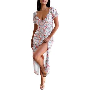 فستان AIMCOO للسيدات على شكل قلب ورقبة على شكل V فستان متوسط ​​الطول مزين بالزهور وأكمام قصيرة منتفخة وفتحة جانبية فستان كاجوال سادة للصيف in Kuwait