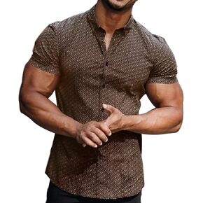 Men's Athletic Dress Shirts Casual Regular Fit Printed Short Sleeve Muscle Button Down Shirts