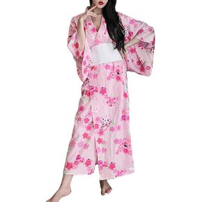 Wraith of East Kimono Costume Adult Japanese Geisha Yukata Floral Patten Gown Blossom Bathrobe Sleepwear With Obi Belt