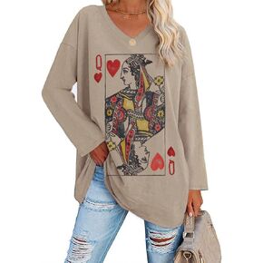 Womens Oversized Long Sleeve Queen Of Hearts Graphic T Shirts V Neck Casual Loose Fit Tees Tunic Tops