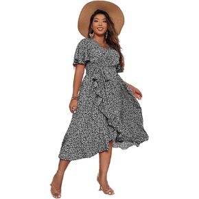 فستان Floerns نسائي بمقاس كبير من Boho Flutter وأكمام قصيرة مكشكشة وحاشية على شكل حرف A متوسطة الطول in Kuwait