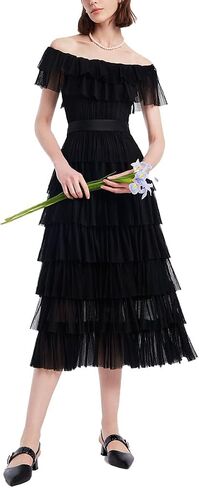 GOELIA Women's Off The Shoulder Ruffle Pleated Chiffon Long Maxi Black Dresses for Wedding Guest, Cocktail, Prom, Evening Party in Saudi Arabia