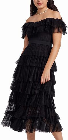 GOELIA Women's Off The Shoulder Ruffle Pleated Chiffon Long Maxi Black Dresses for Wedding Guest, Cocktail, Prom, Evening Party in Saudi Arabia