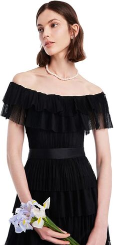 GOELIA Women's Off The Shoulder Ruffle Pleated Chiffon Long Maxi Black Dresses for Wedding Guest, Cocktail, Prom, Evening Party in Saudi Arabia