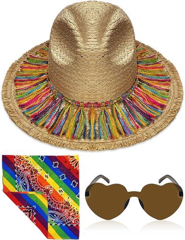 Cinco de Mayo Straw Hat with Colorful Tassel Summer Seaside Holiday Outing Female Mexican Starw Hats for Women Men Adult in Kuwait
