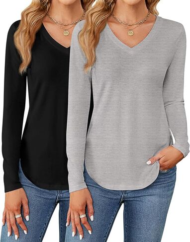 Ficerd 2 Pack Women's V Neck T Shirts, Short or Long Sleeve Tunic Tops Causal Summer Basic Shirts Solid Hem Tee Blouses in Kuwait
