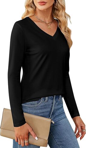 Ficerd 2 Pack Women's V Neck T Shirts, Short or Long Sleeve Tunic Tops Causal Summer Basic Shirts Solid Hem Tee Blouses in Kuwait