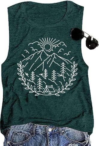Women Hiking Camping Outdoor Tank Top Summer Mountain Nature Funny Graphic Print Round Neck Workout Athletic Sleeveless Tops in Kuwait