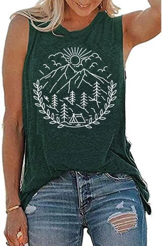 Women Hiking Camping Outdoor Tank Top Summer Mountain Nature Funny Graphic Print Round Neck Workout Athletic Sleeveless Tops in Kuwait