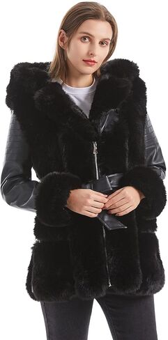 GRAN ORIENTE Women's Faux Leather Jacket with Faux Fur Lining and Collar Warm Winter Long Sleeve Coat Zipper Parka with Belt in Kuwait