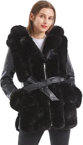 GRAN ORIENTE Women's Faux Leather Jacket with Faux Fur Lining and Collar Warm Winter Long Sleeve Coat Zipper Parka with Belt in Kuwait