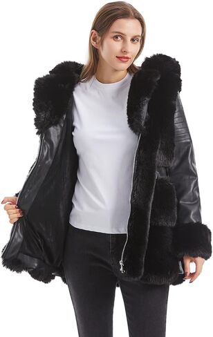 GRAN ORIENTE Women's Faux Leather Jacket with Faux Fur Lining and Collar Warm Winter Long Sleeve Coat Zipper Parka with Belt in Kuwait