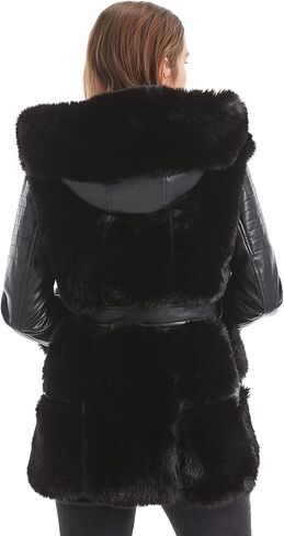 GRAN ORIENTE Women's Faux Leather Jacket with Faux Fur Lining and Collar Warm Winter Long Sleeve Coat Zipper Parka with Belt in Kuwait