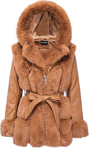 GRAN ORIENTE Women's Faux Leather Jacket with Faux Fur Lining and Collar Warm Winter Long Sleeve Coat Zipper Parka with Belt in Kuwait