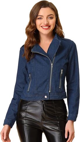 Allegra K Women Biker Notched Lapel Asymmetric Zip Moto Denim Jackets in Kuwait