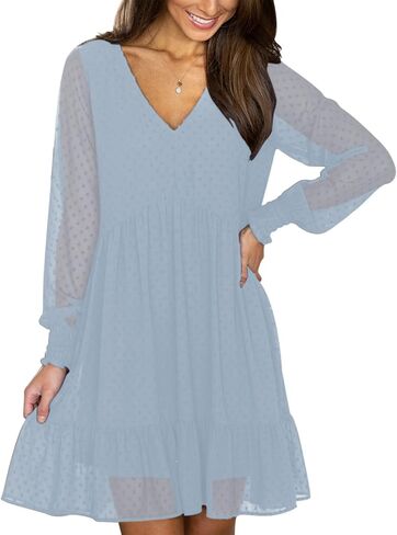 فساتين FAMITION بأكمام طويلة للنساء: فستان منقط سويسري منفوش بياقة على شكل V وأكمام قصيرة كاجوال من الشيفون المكشكش in Kuwait