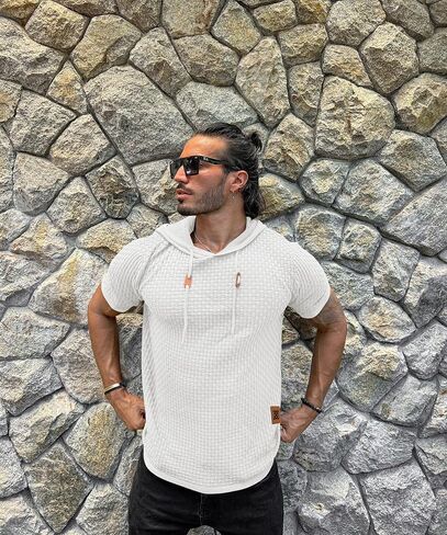 Zaitun Men's Short Sleeve Hoodie Shirt Casual Waffle Knitted Pullover Sweater in Kuwait