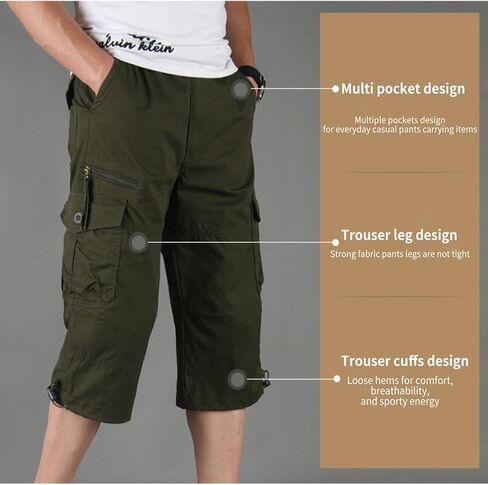 شورت كابري كارجو للرجال، شورت عسكري تكتيكي للمشي لمسافات طويلة، مقاس مريح تحت الركبة، 3/4 شورت كارجو مع جيوب متعددة in Kuwait