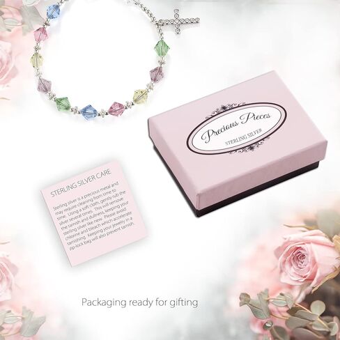 Children's Sterling Silver First Communion Rosary Bracelet with High End Crystals and CZ Cross (6-6.5") in Kuwait