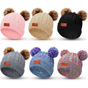 Redbaker 6 Pack Winter Hats Girls Beanie with Pom Pom Warm Fleece Lined Knit Beanies Cap for Kids Toddler Girls Boys in Kuwait
