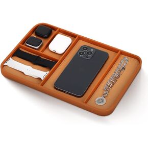 VAULTE Saddle Brown Vegan Leather Valet Tray - Elegant Nightstand Organizer for Men - EDC Catchall for Keys, Watch, Wallet - Stylish 5-Compartment Bedside Caddy for Jewelry & Accessories in Saudi Arabia