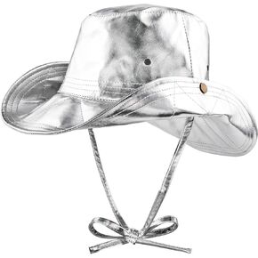 ديسكو كاوبوي قبعة بحافة فضية معدنية بوني قبعة لامعة في الهواء الطلق قبعة الشمس مع سلسلة المرأة الهذيان حفلة الموسيقى مهرجان قبعة in Kuwait