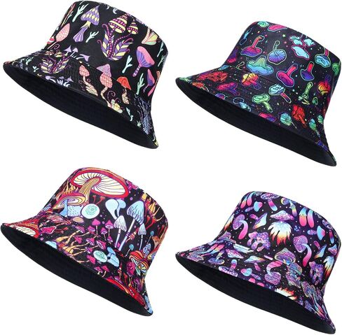 4 Pcs Mushroom Bucket Hat for Women Men Teens Reversible Printed Packable Beach Sun Hat Summer Mushroom Stuff Cute Festival Accessories Outdoor Rave Clothes Fisherman Cap for Travel Fishing Hiking in Saudi Arabia