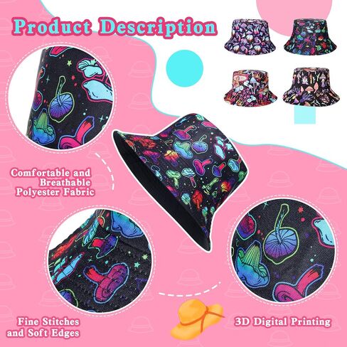 4 Pcs Mushroom Bucket Hat for Women Men Teens Reversible Printed Packable Beach Sun Hat Summer Mushroom Stuff Cute Festival Accessories Outdoor Rave Clothes Fisherman Cap for Travel Fishing Hiking in Saudi Arabia