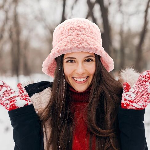 Dohia Fuzzy Bucket Hat for Women Furry Fur Bucket Hat Winter Warm Plush Fisherman Fluffy Sherpa Bucket Hat D2-YGMMZ in Kuwait