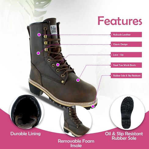 Safety Girl Women's Logger Boot I Steel Toe I Genuine Leather Goodyear Welt Construction I Water Resistant I Extra-Cushion Insole I Brown - 11 in Saudi Arabia