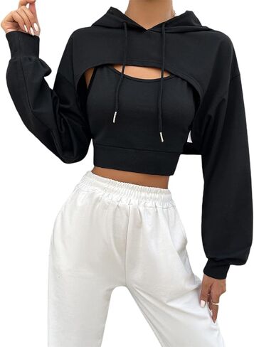 GORGLITTER Women's Drawstring Hoodie Super Crop Top Long Sleeve Drop Shoulder Pullover Sweatshirts in Saudi Arabia