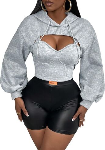 GORGLITTER Women's Drawstring Hoodie Super Crop Top Long Sleeve Drop Shoulder Pullover Sweatshirts in Saudi Arabia