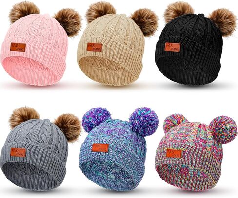 Redbaker 6 Pack Winter Hats Girls Beanie with Pom Pom Warm Fleece Lined Knit Beanies Cap for Kids Toddler Girls Boys in Kuwait