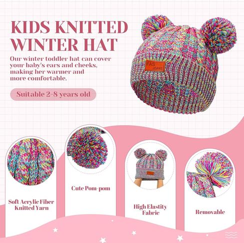 Redbaker 6 Pack Winter Hats Girls Beanie with Pom Pom Warm Fleece Lined Knit Beanies Cap for Kids Toddler Girls Boys in Kuwait