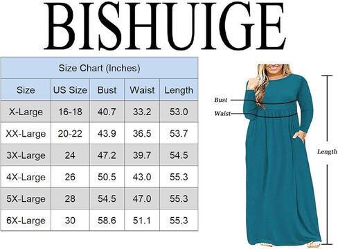 BISHUIGE Womens XL-6XL Long Sleeve Casual Plus Size Maxi Dresses with Pockets in Kuwait