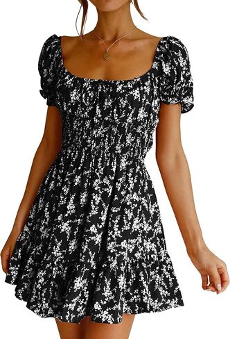 Imily Bela Womens Summer Dress Ruffle Sleeve Sqaure Neck Smocked Sun Dress Casual Boho Beach Floral Mini Dress in Saudi Arabia
