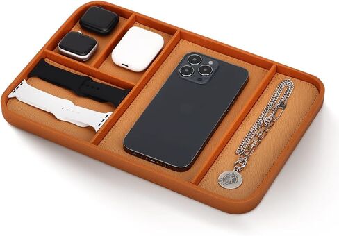 VAULTE Saddle Brown Vegan Leather Valet Tray - Elegant Nightstand Organizer for Men - EDC Catchall for Keys, Watch, Wallet - Stylish 5-Compartment Bedside Caddy for Jewelry & Accessories in Saudi Arabia