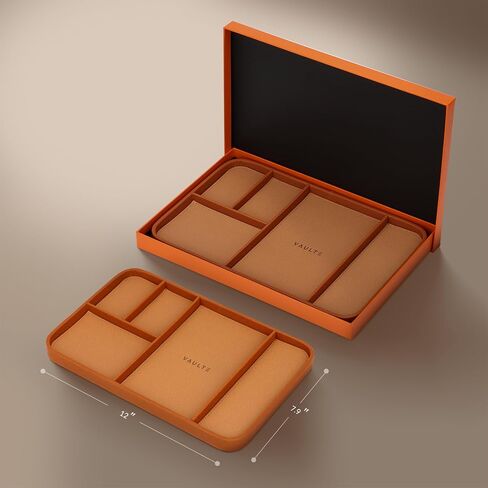 VAULTE Saddle Brown Vegan Leather Valet Tray - Elegant Nightstand Organizer for Men - EDC Catchall for Keys, Watch, Wallet - Stylish 5-Compartment Bedside Caddy for Jewelry & Accessories in Saudi Arabia