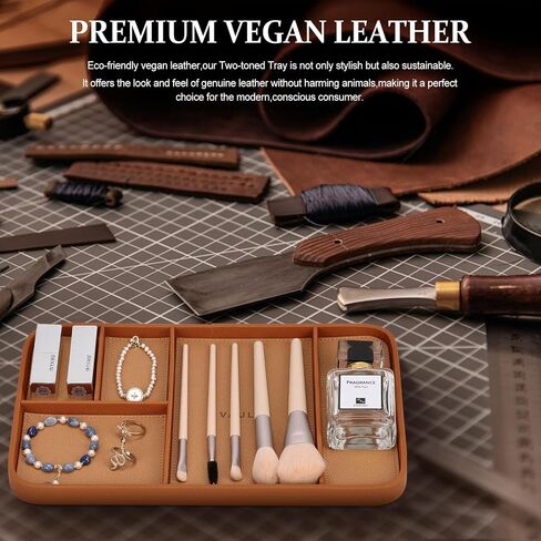 VAULTE Saddle Brown Vegan Leather Valet Tray - Elegant Nightstand Organizer for Men - EDC Catchall for Keys, Watch, Wallet - Stylish 5-Compartment Bedside Caddy for Jewelry & Accessories in Saudi Arabia