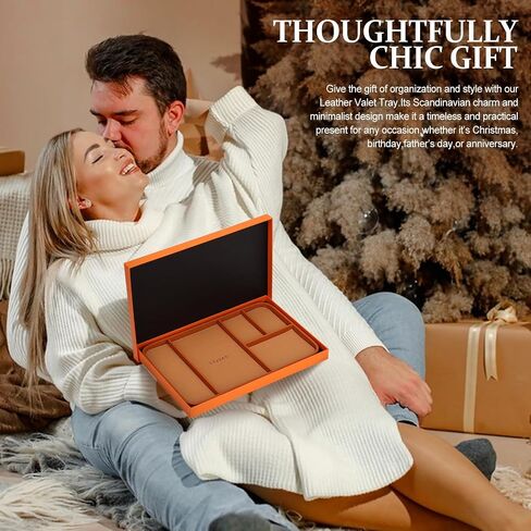VAULTE Saddle Brown Vegan Leather Valet Tray - Elegant Nightstand Organizer for Men - EDC Catchall for Keys, Watch, Wallet - Stylish 5-Compartment Bedside Caddy for Jewelry & Accessories in Saudi Arabia