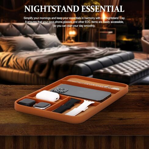 VAULTE Saddle Brown Vegan Leather Valet Tray - Elegant Nightstand Organizer for Men - EDC Catchall for Keys, Watch, Wallet - Stylish 5-Compartment Bedside Caddy for Jewelry & Accessories in Saudi Arabia