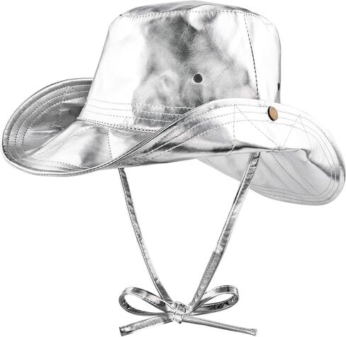 ديسكو كاوبوي قبعة بحافة فضية معدنية بوني قبعة لامعة في الهواء الطلق قبعة الشمس مع سلسلة المرأة الهذيان حفلة الموسيقى مهرجان قبعة in Kuwait