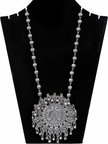 Indian Antique Designer Handmade Silver Oxidized Mirror Ghungroo Bells Tribal Gypsy Statement Long Sweater Necklace Jewelry Women Girls in Saudi Arabia