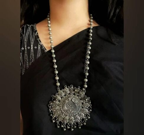 Indian Antique Designer Handmade Silver Oxidized Mirror Ghungroo Bells Tribal Gypsy Statement Long Sweater Necklace Jewelry Women Girls in Saudi Arabia