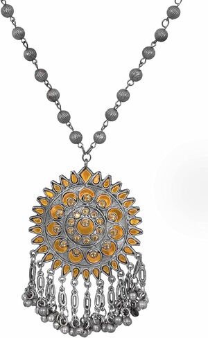Indian Antique Designer Handmade Silver Oxidized Mirror Ghungroo Bells Tribal Gypsy Statement Long Sweater Necklace Jewelry Women Girls in Saudi Arabia