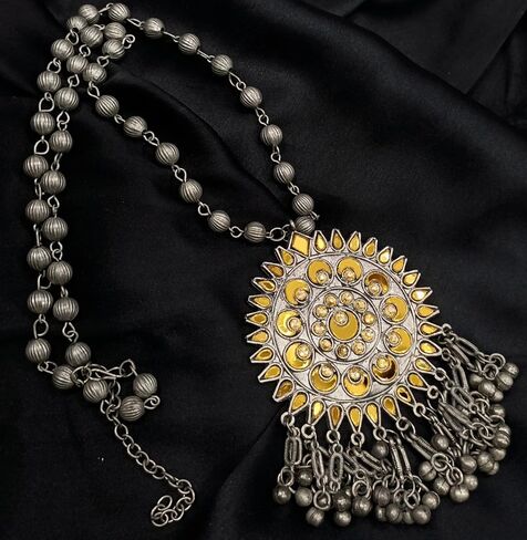 Indian Antique Designer Handmade Silver Oxidized Mirror Ghungroo Bells Tribal Gypsy Statement Long Sweater Necklace Jewelry Women Girls in Saudi Arabia
