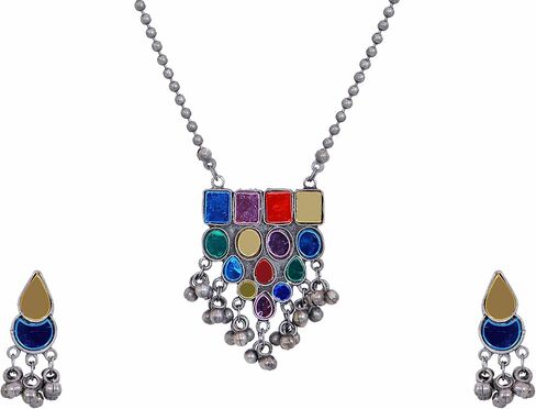 Indian Antique Designer Handmade Silver Oxidized Mirror Ghungroo Bells Tribal Gypsy Statement Long Sweater Necklace Jewelry Women Girls in Saudi Arabia